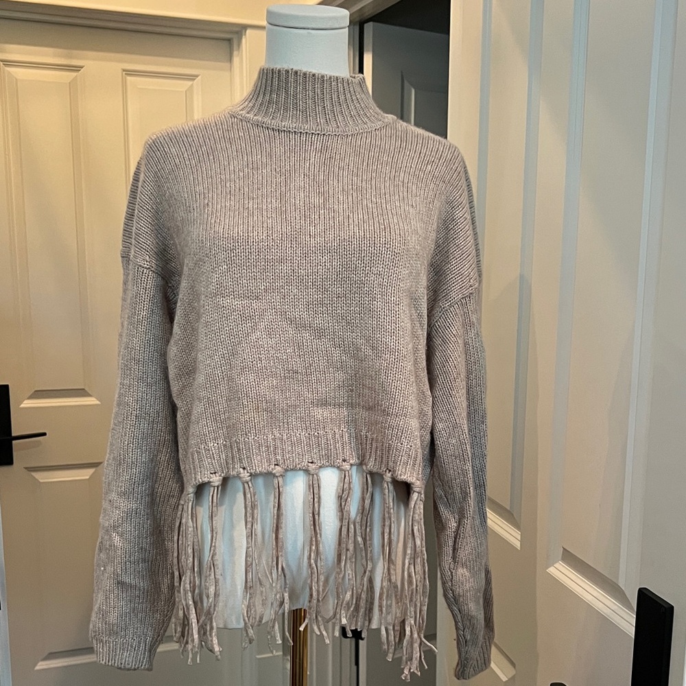 Splendid Taupe Fringed Turtleneck Sweater